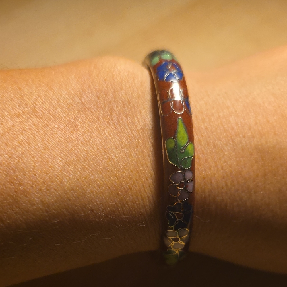 Enamel Cloisonné Floral Bangle Bracelet in Brown and Green